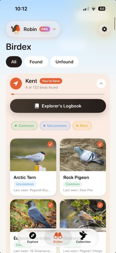 Birdex screen with found and unfound birds in Kent