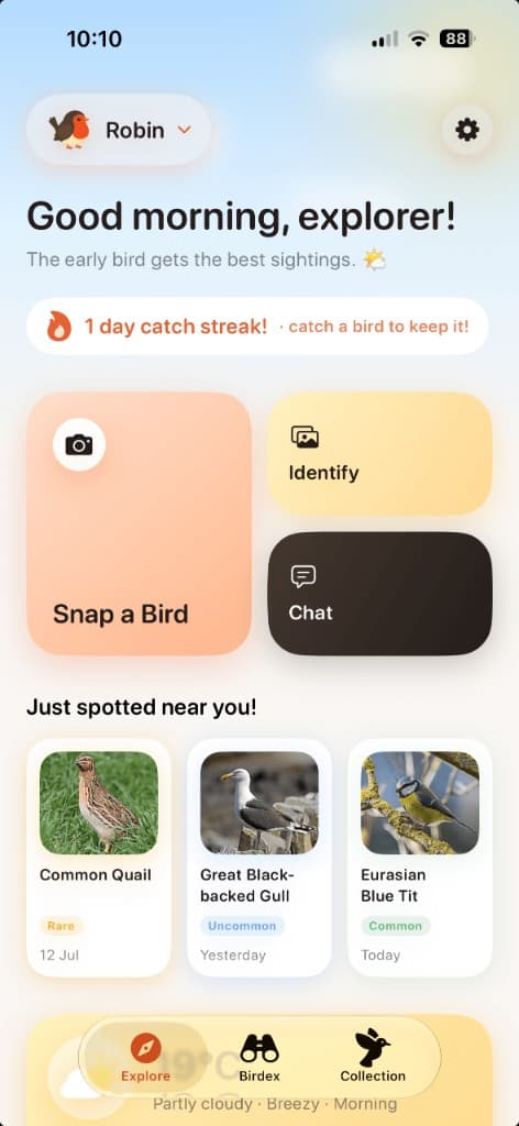 Robin home screen showing Snap a Bird, Identify and Chat actions, plus birds just spotted near you